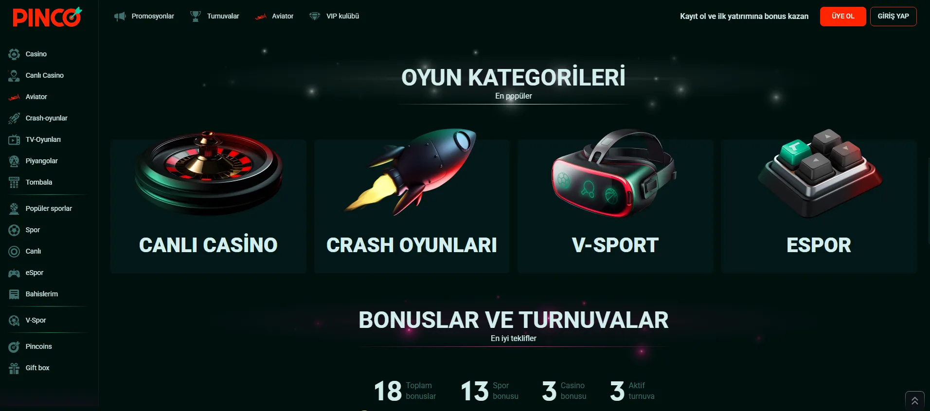 Pinco Online Casino'da oyun çeşitliliği
